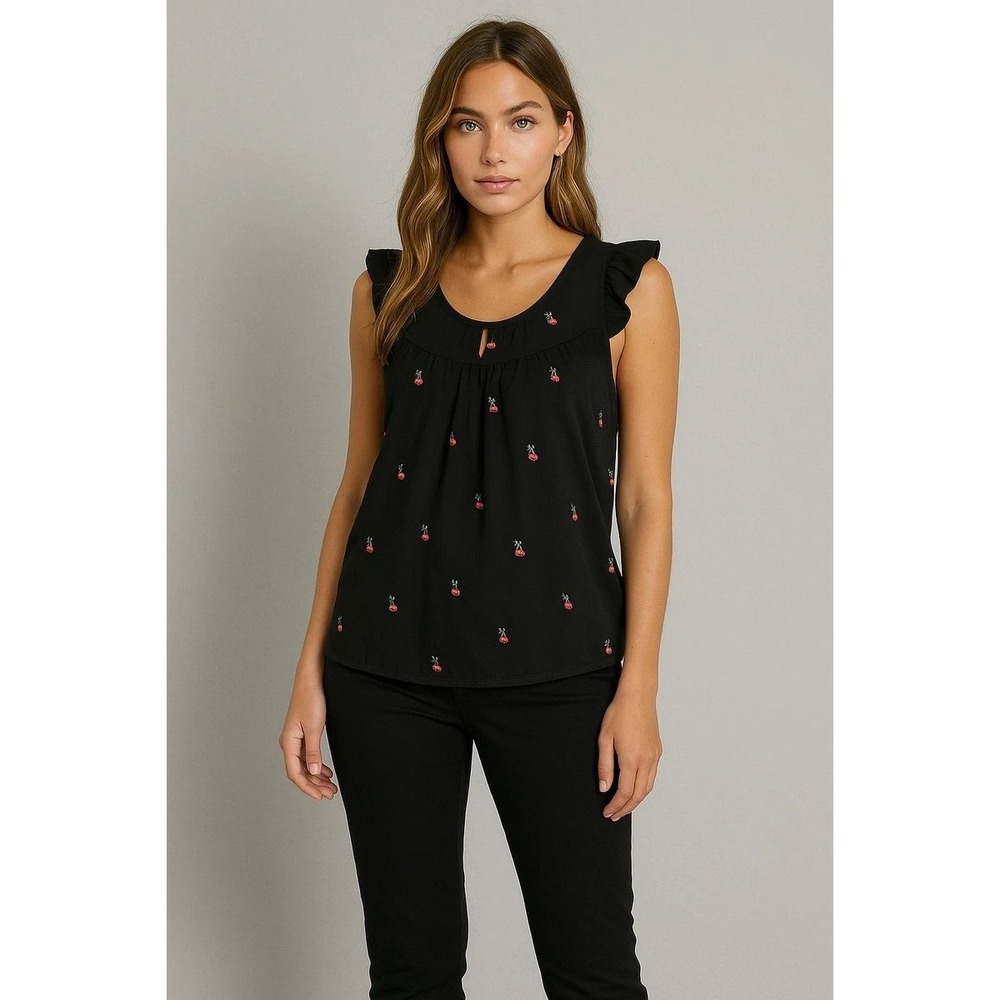 NWOT Lauren Conrad Black Embroidered Sleeveless Top Womens Medium Ruffle Cotton